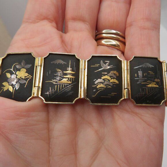 Japanese Damascene Style Panel Vintage Bracelet - Picture 4 of 10